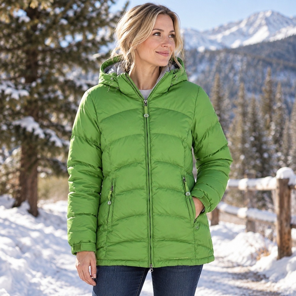 L.L.Bean XS Green Hooded Insulated Puffer Jacket Full Zip Winter Coat